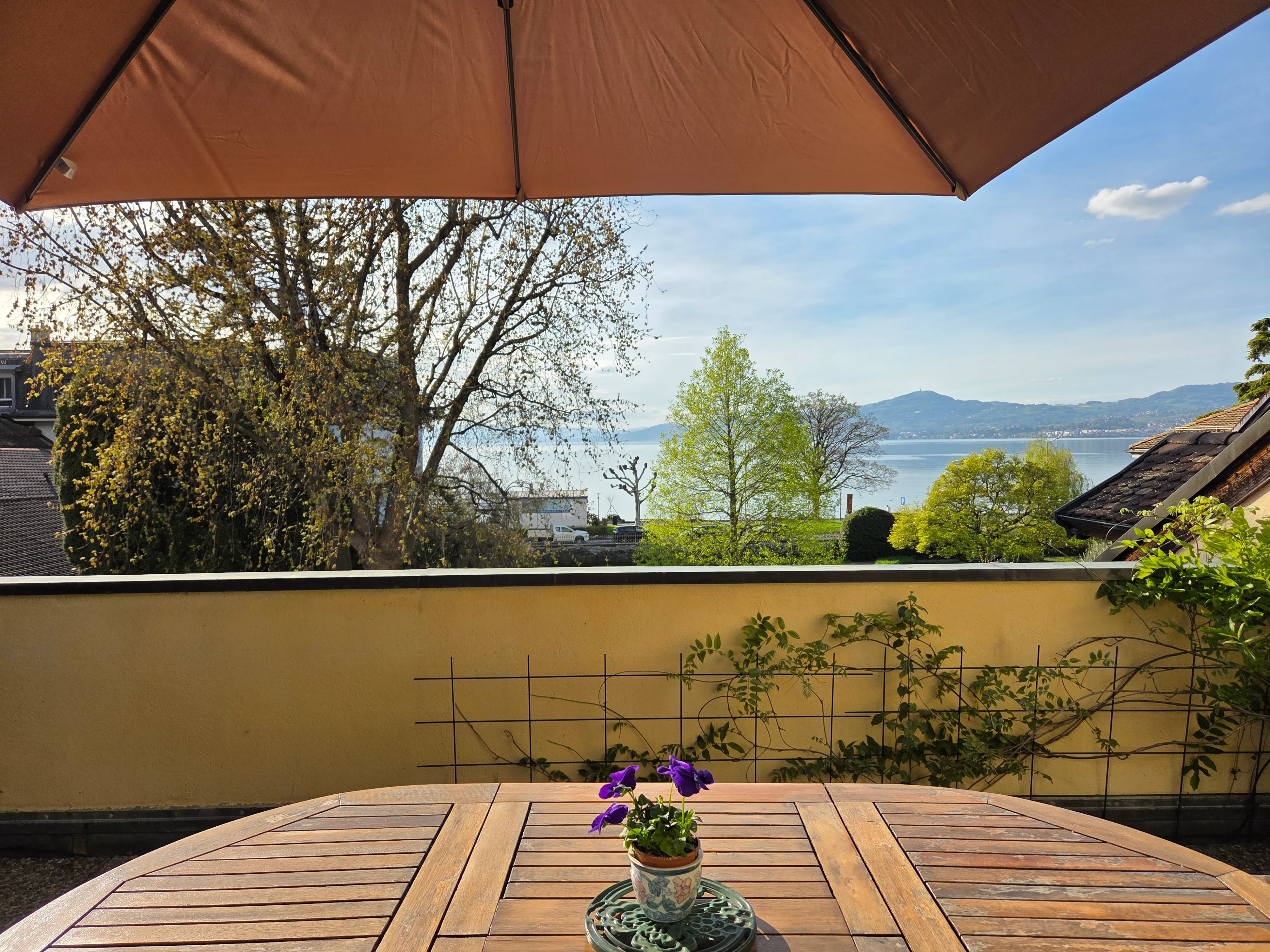 Terrasse avec vue dégagée sur le lac Léman au coucher du soleil